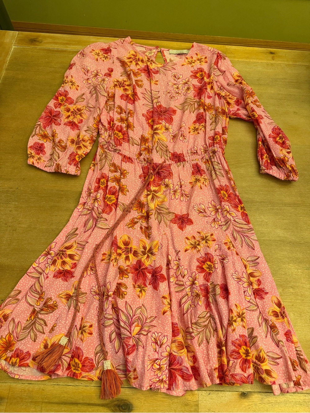 LOFT Pink Floral Midi Dress with Yellow & Red Blooms